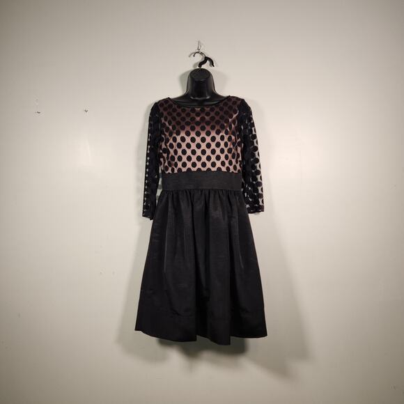 ELIZA J EJ2M3441 Mini Dress Womens 8 Black Beige Polka Dot Mesh Taffeta Cocktail - Picture 1 of 12